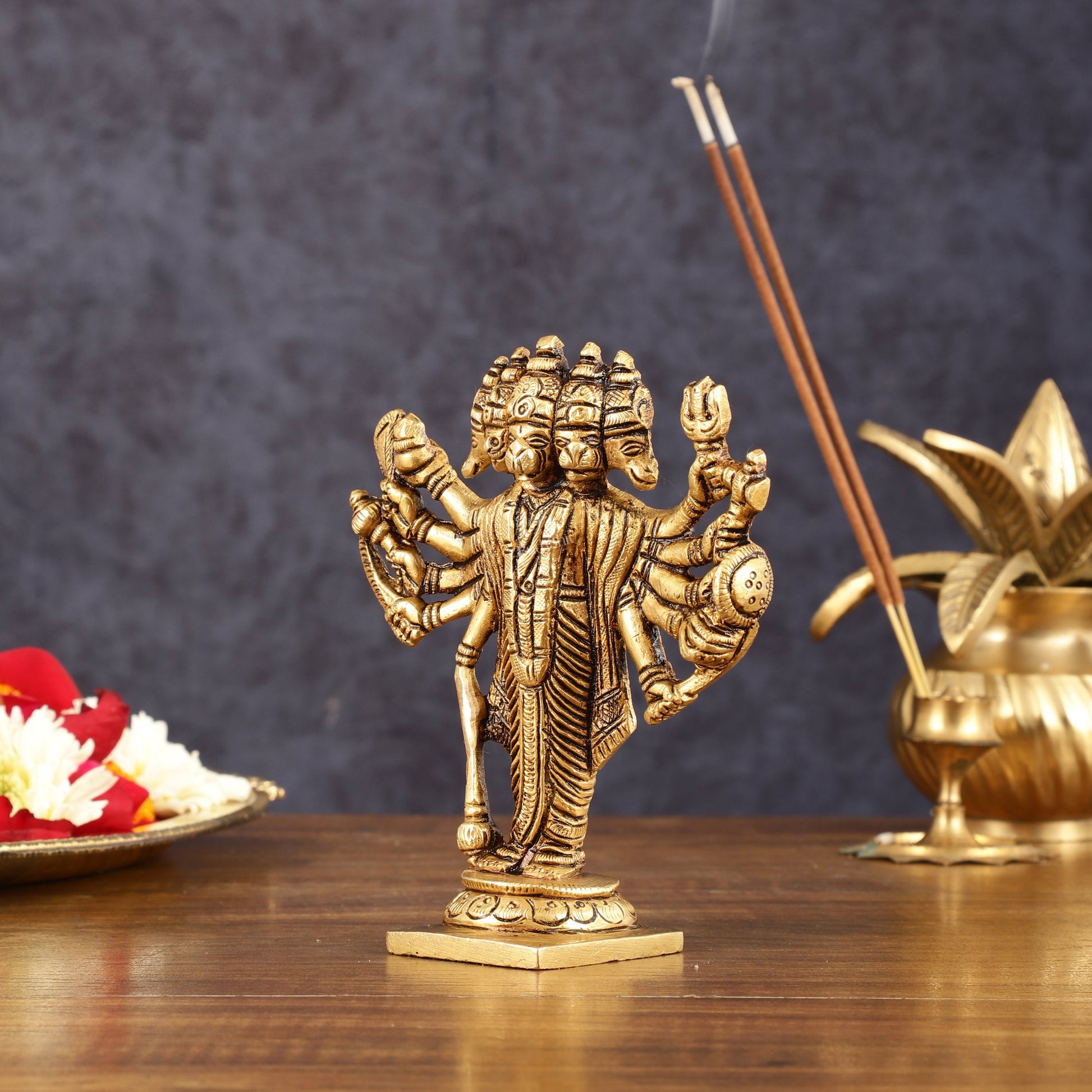 Pure Brass Small Standing Panchmukhi Hanuman Idol - 5.5" Height