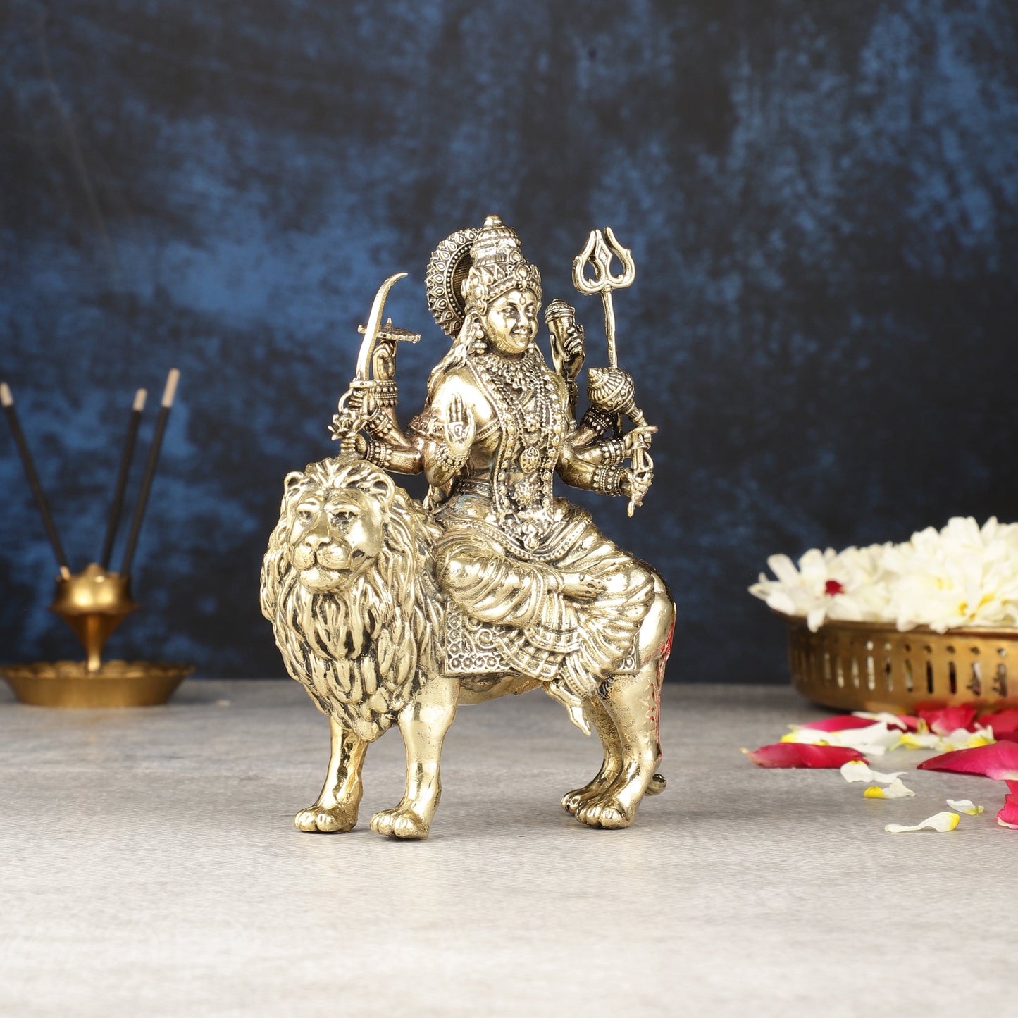 Intricate Lightweight Brass Goddess Durga Idol - 6-inch
