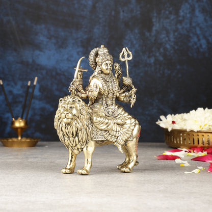 Intricate Lightweight Brass Goddess Durga Idol - 6-inch