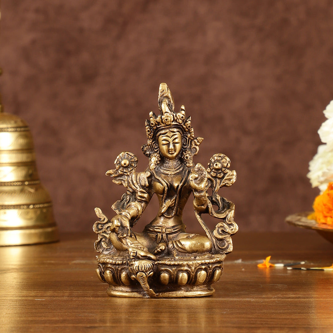 Brass Green tara devi statue 3" antique tone