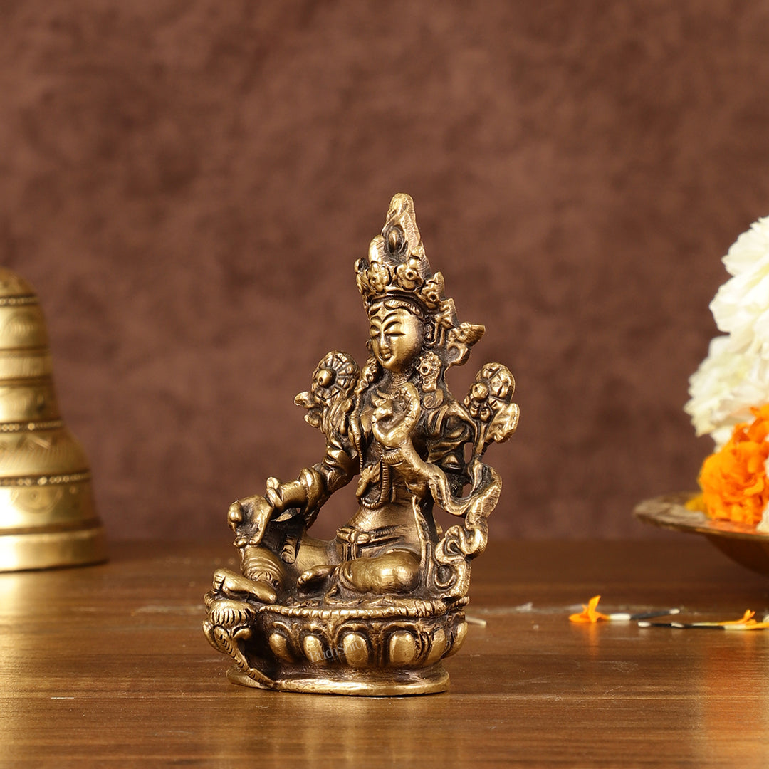 Brass Green tara devi statue 3" antique tone
