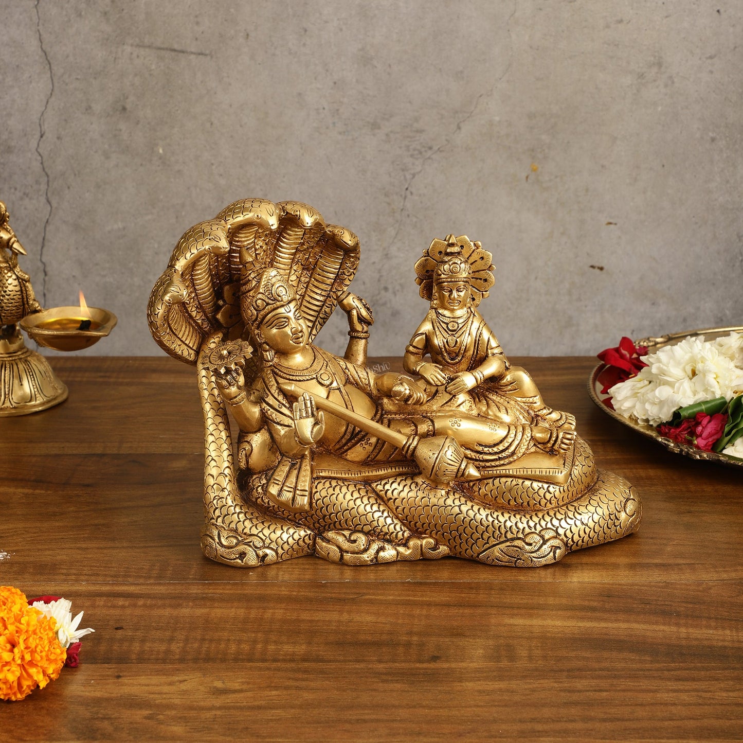 Pure Brass Vishnu Lakshmi Narayan Resting on Sheshanaaga Idol - 7 Inch