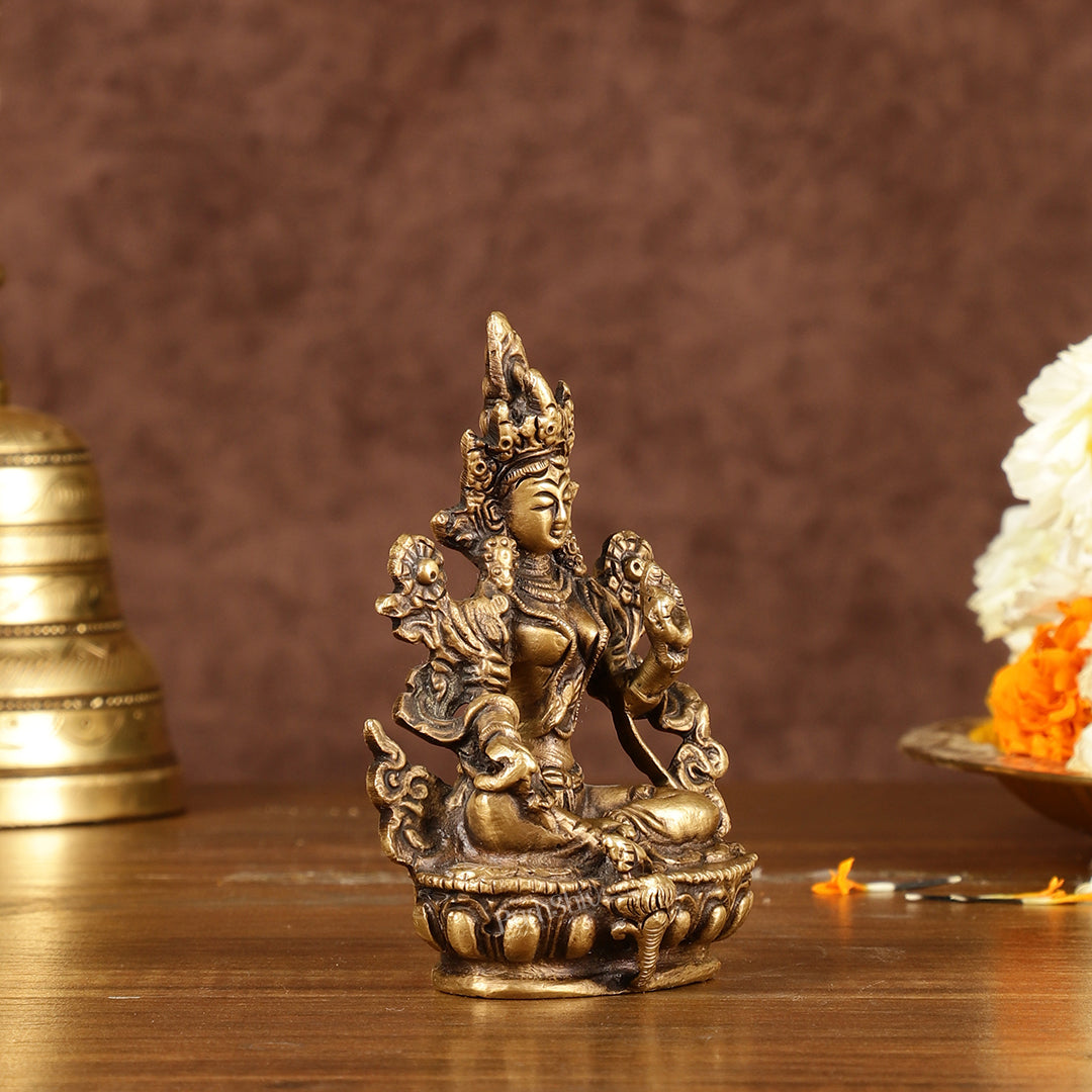 Brass Green tara devi statue 3" antique tone