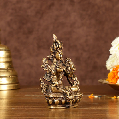 Brass Green tara devi statue 3" antique tone