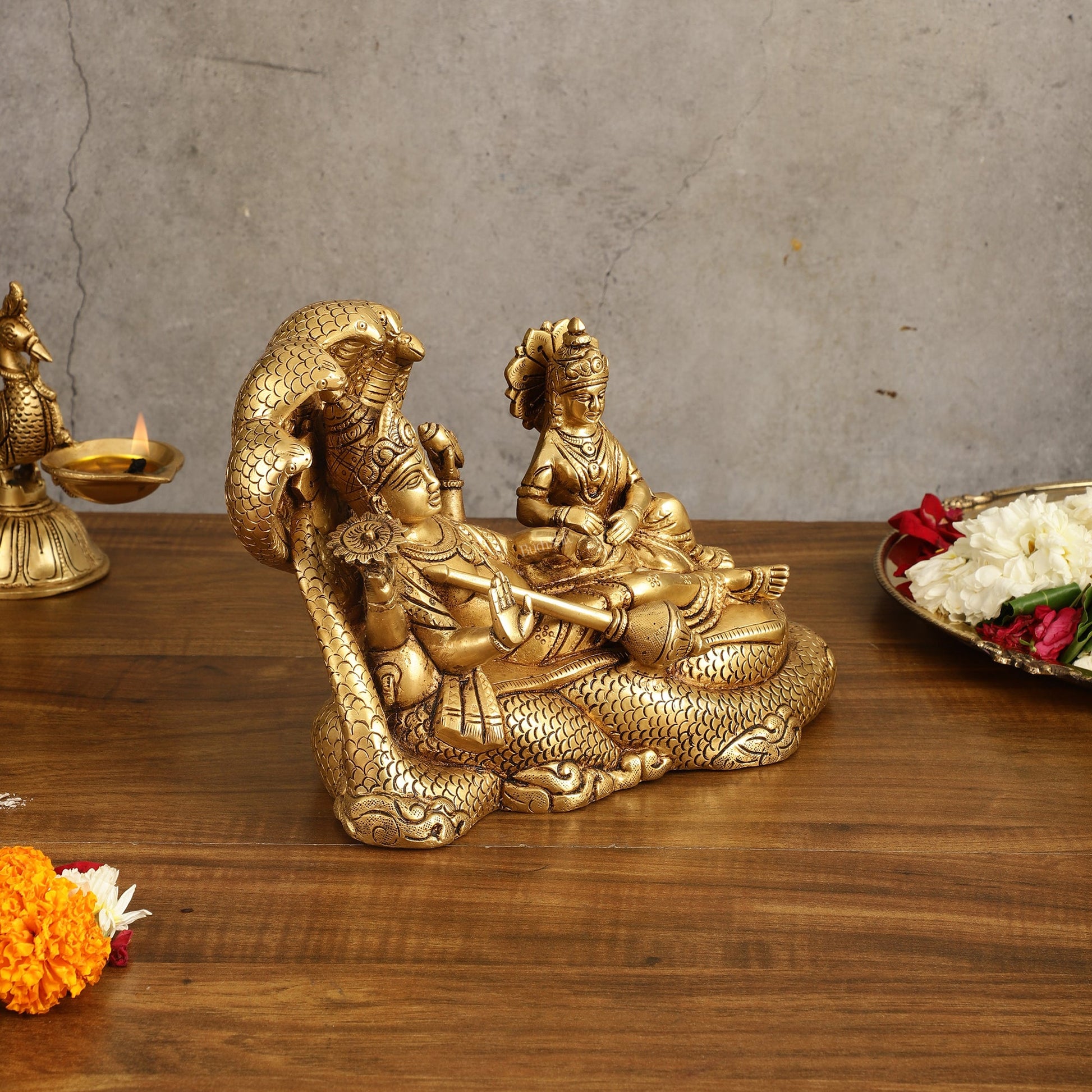 Pure Brass Vishnu Lakshmi Narayan Resting on Sheshanaaga Idol - 7 Inch