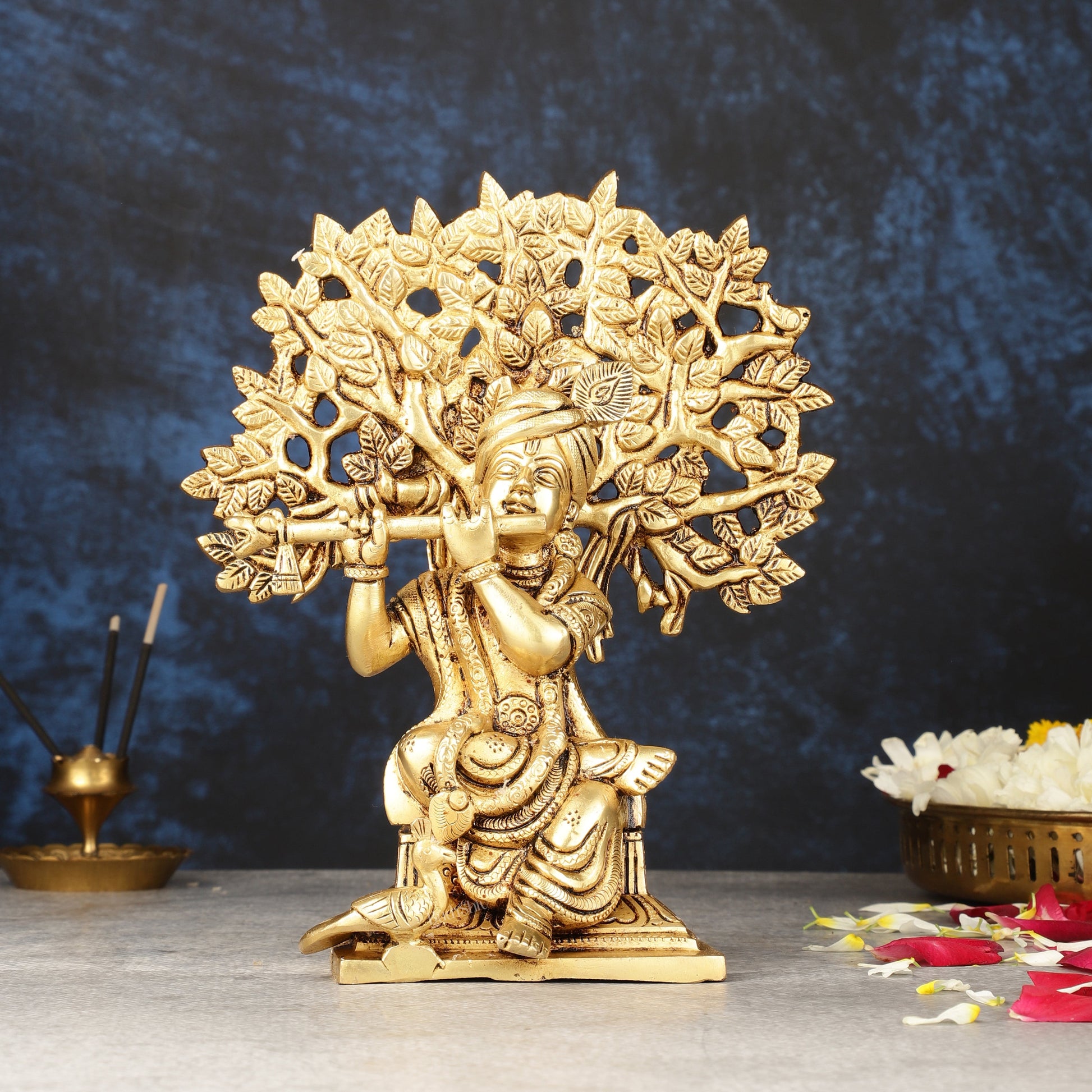 Pure Brass Handcrafted Lord Krishna Sitting with Kalpavriksha Tree Idol | 8"