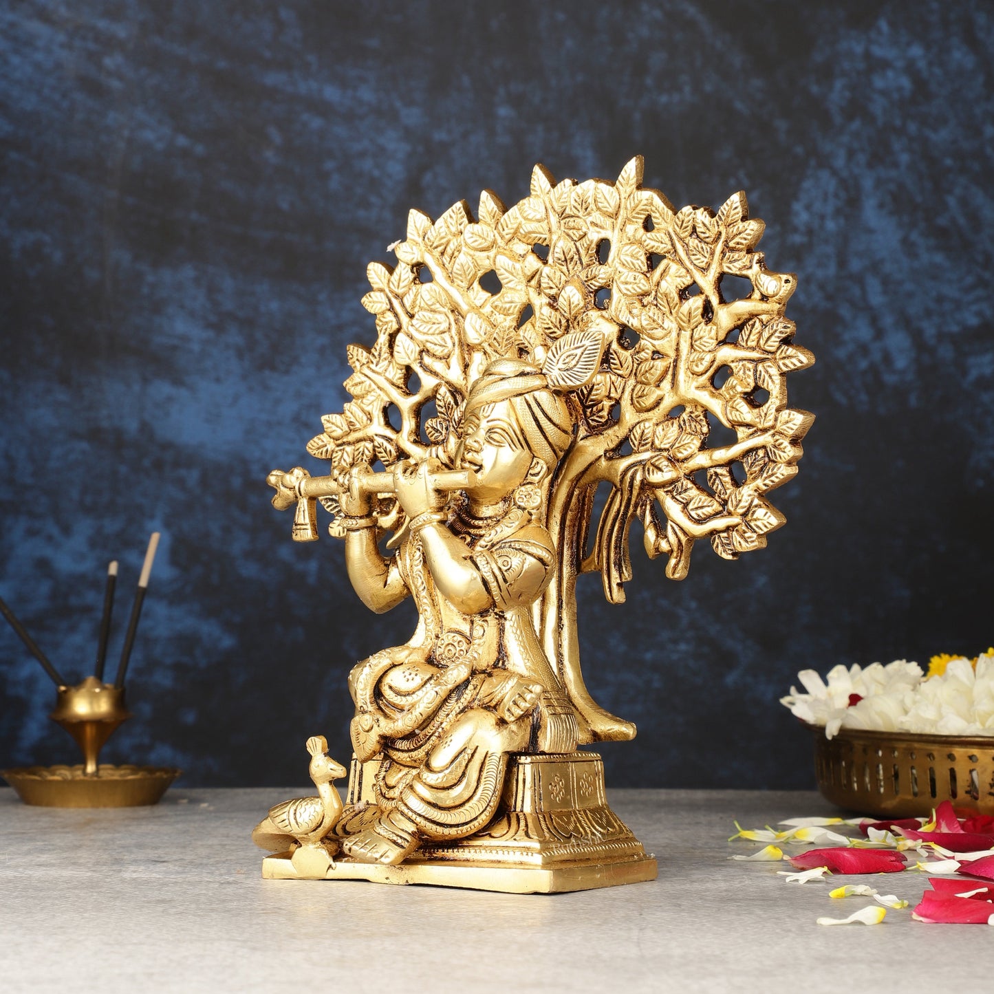 Pure Brass Handcrafted Lord Krishna Sitting with Kalpavriksha Tree Idol | 8"