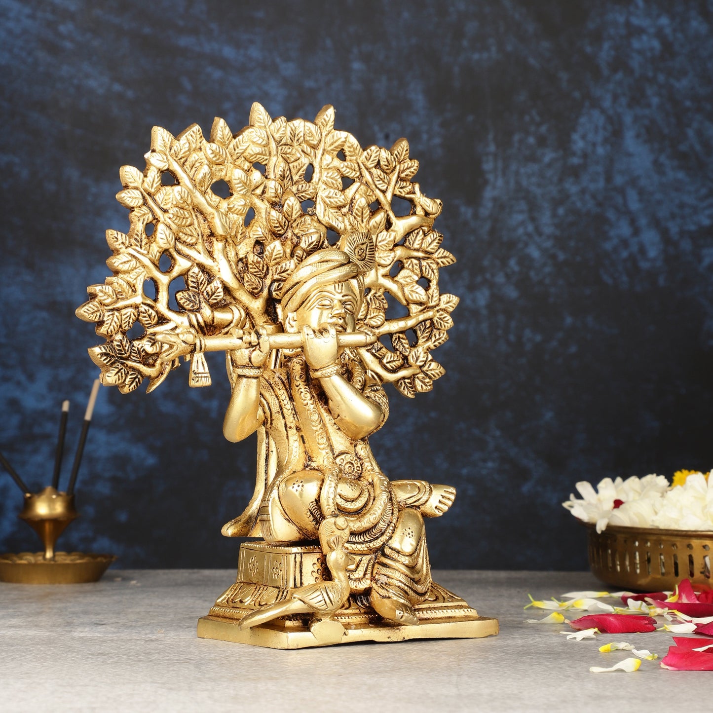 Pure Brass Handcrafted Lord Krishna Sitting with Kalpavriksha Tree Idol | 8"