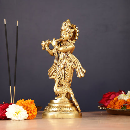 Pure Brass Lord Krishna with Peacock Idol 7"