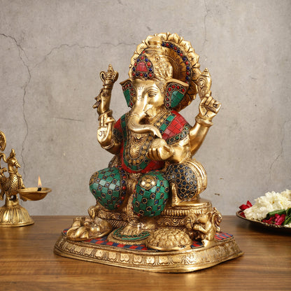 Ganapati Superfine Brass Idol with Spectacular Stonework - 13 Inch