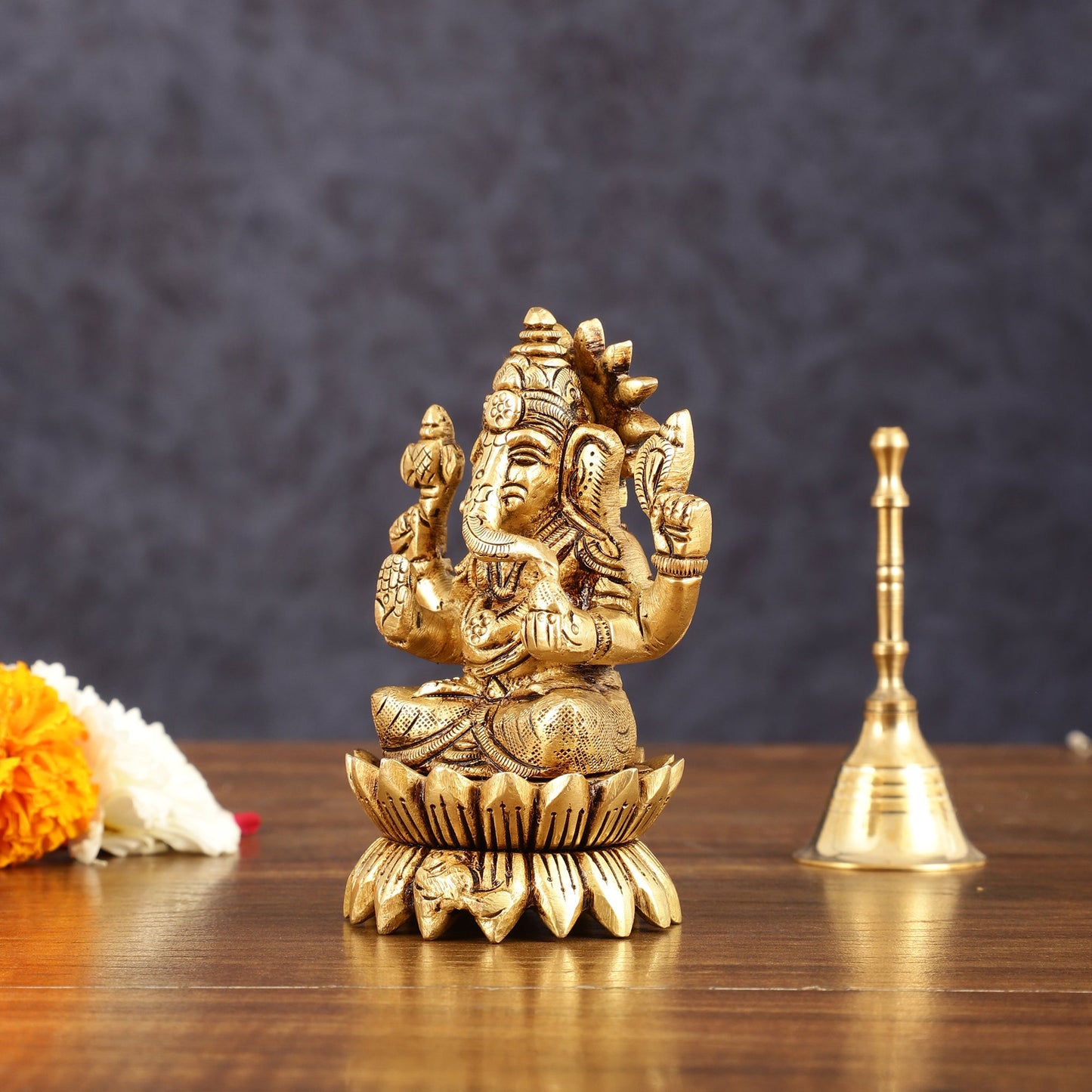 Pure Brass Lotus Ganesha Superfine Idol - 4" Height