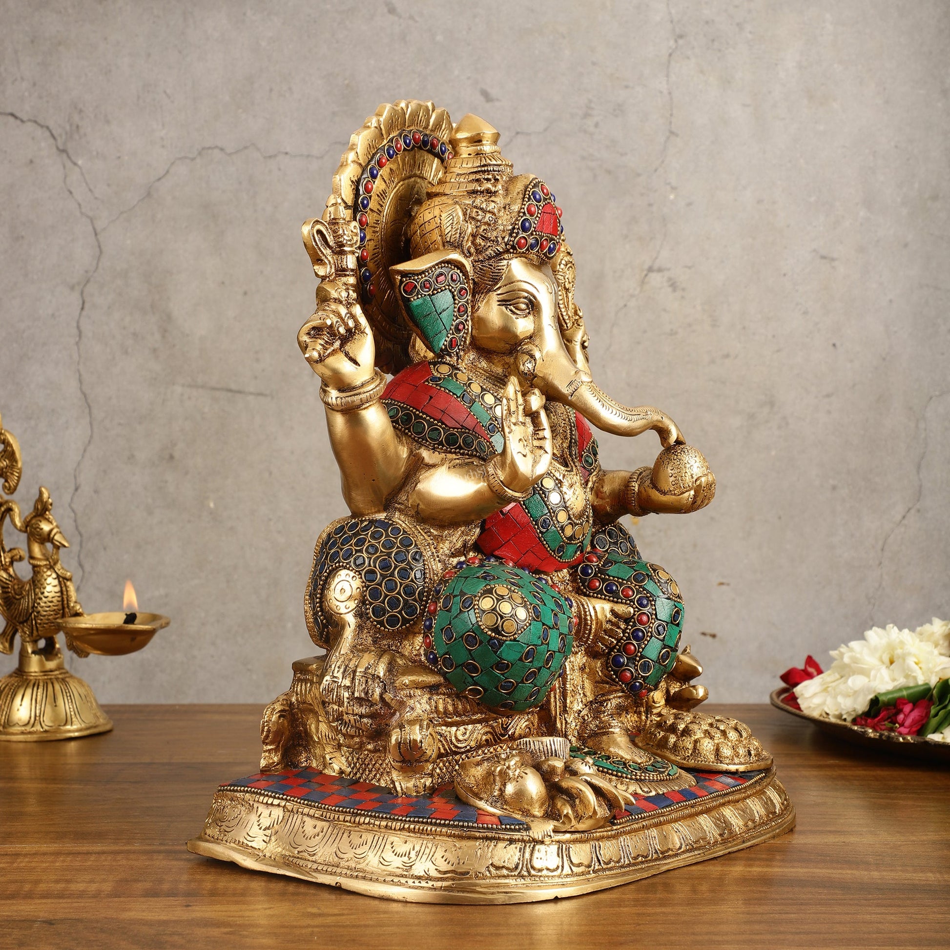 Ganapati Superfine Brass Idol with Spectacular Stonework - 13 Inch