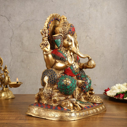 Ganapati Superfine Brass Idol with Spectacular Stonework - 13 Inch