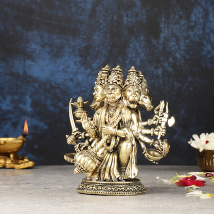 Intricately Handcrafted Brass Powerful Panchmukhi Hanuman Idol - 5.5-inch