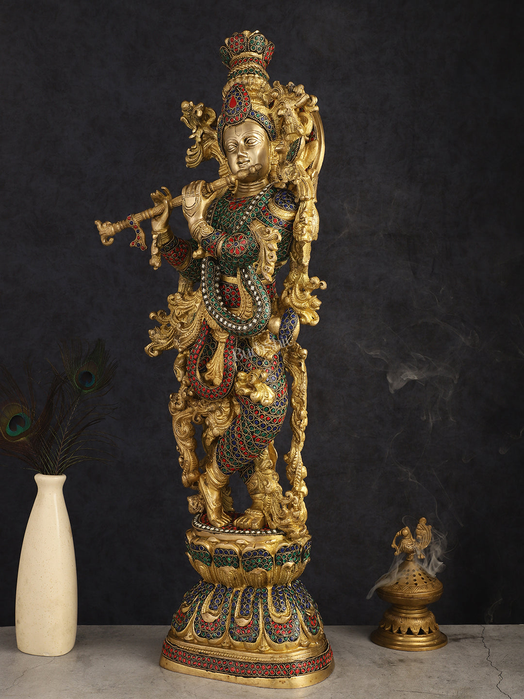 Brass Krishna Idol 30 inch multicolour