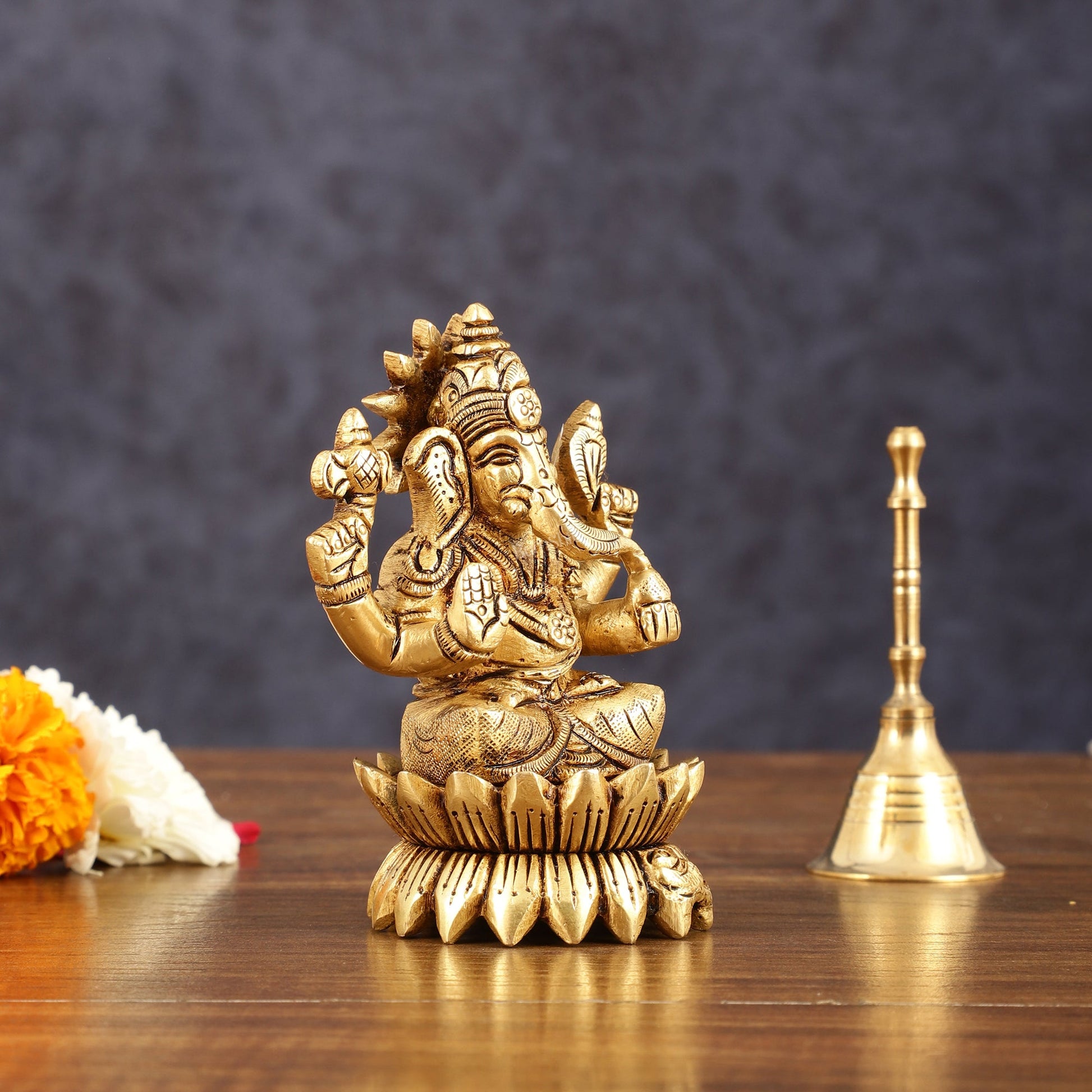 Pure Brass Lotus Ganesha Superfine Idol - 4" Height