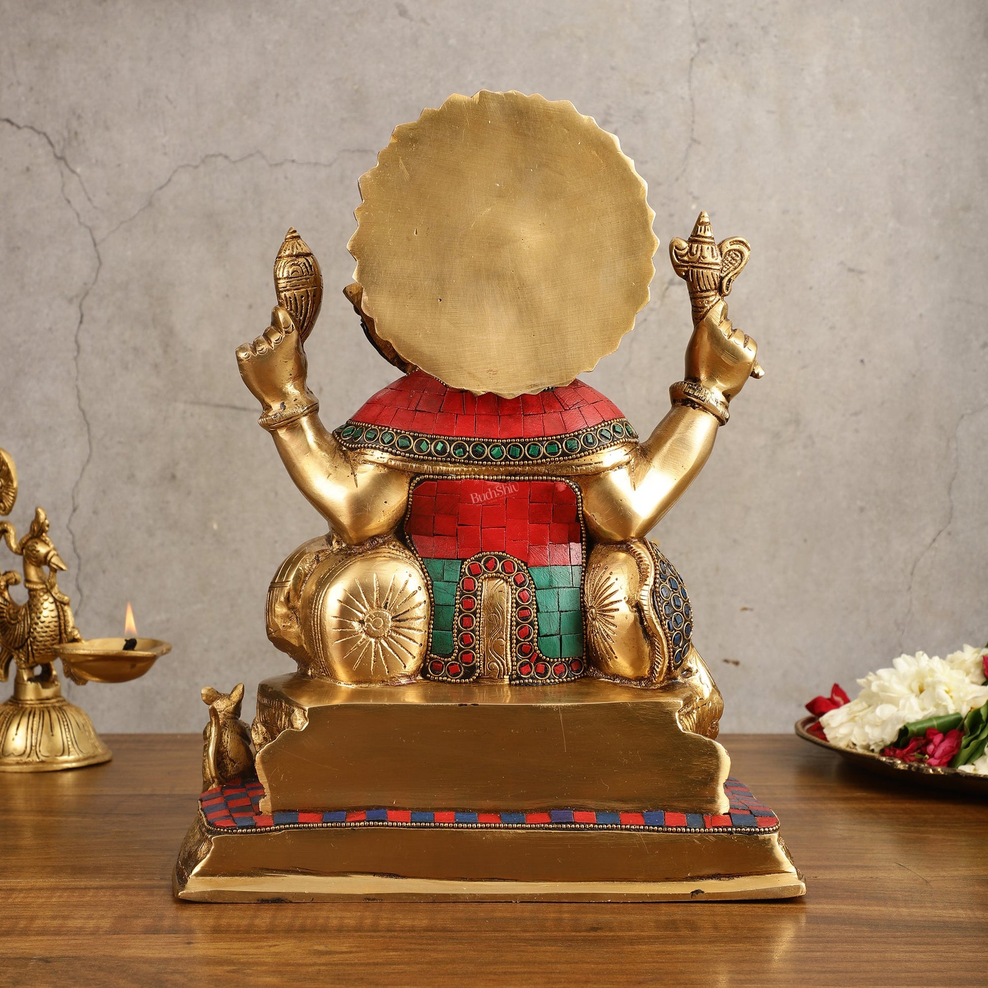 Ganapati Superfine Brass Idol with Spectacular Stonework - 13 Inch