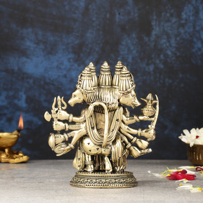 Intricately Handcrafted Brass Powerful Panchmukhi Hanuman Idol - 5.5-inch