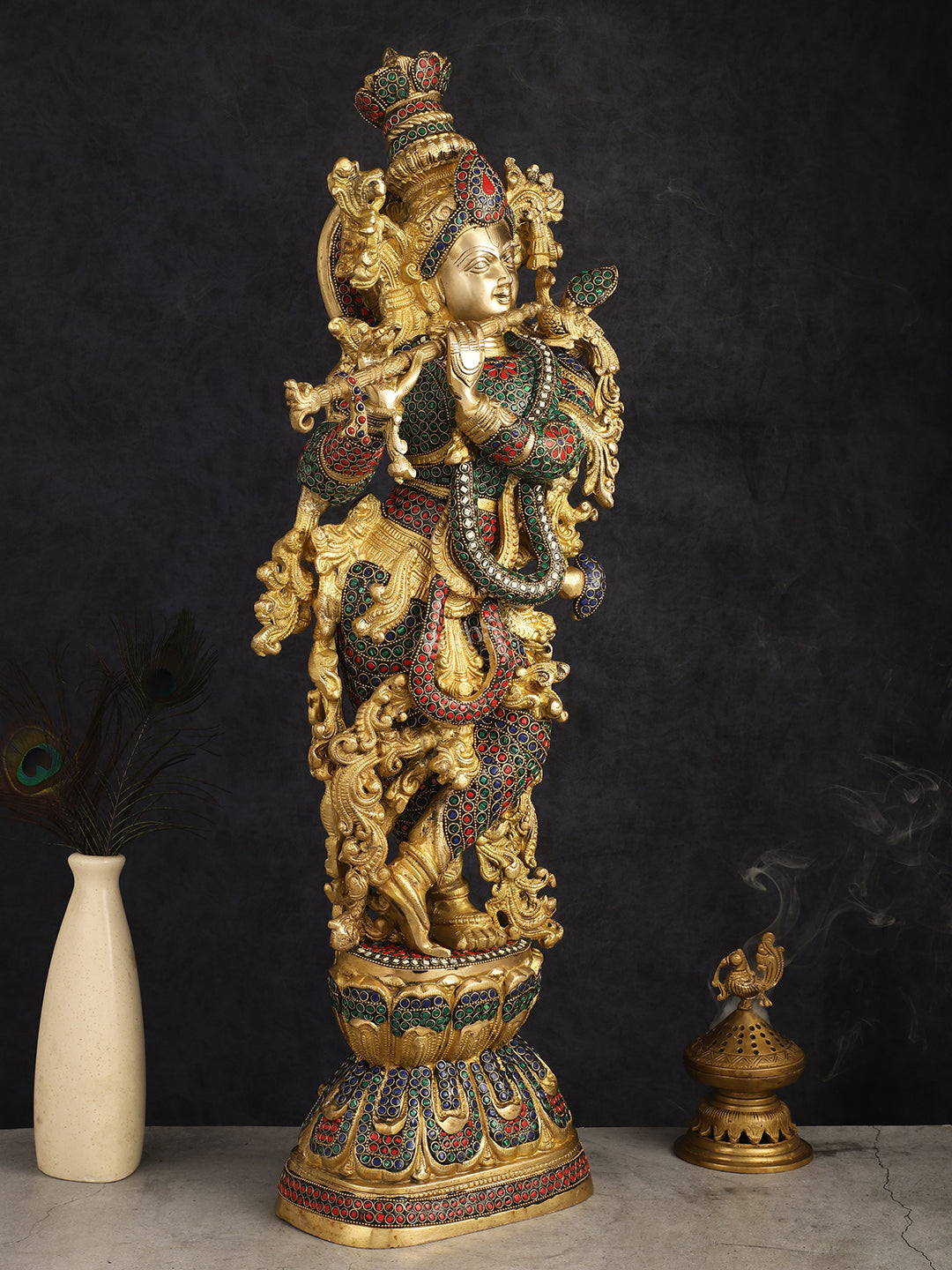 Brass Krishna Idol 30 inch multicolour