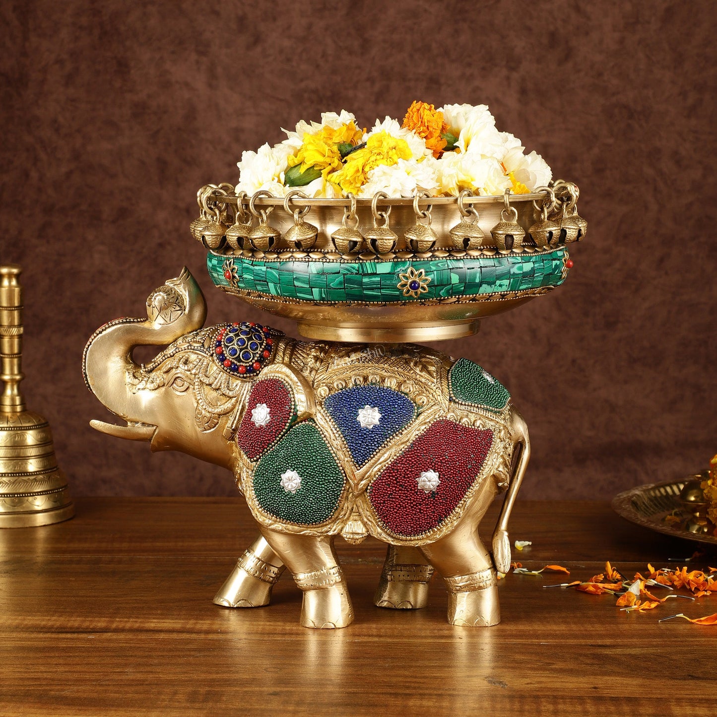 Pure Brass Large Elephant Urli with Meenakari Work | Height: 9.5 inch