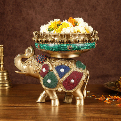 Pure Brass Large Elephant Urli with Meenakari Work | Height: 9.5 inch