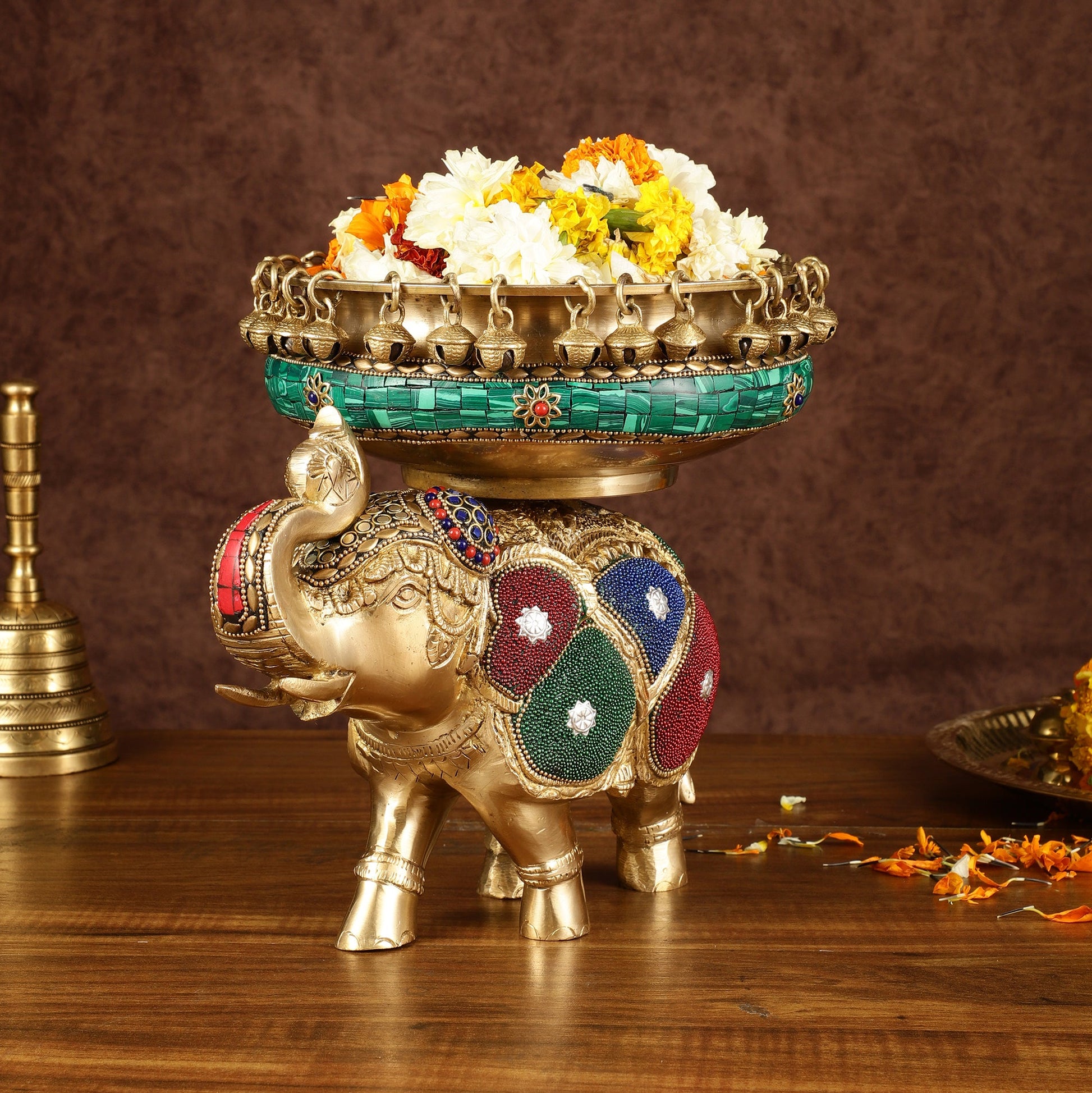 Pure Brass Large Elephant Urli with Meenakari Work | Height: 9.5 inch