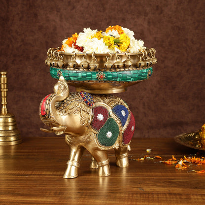 Pure Brass Large Elephant Urli with Meenakari Work | Height: 9.5 inch
