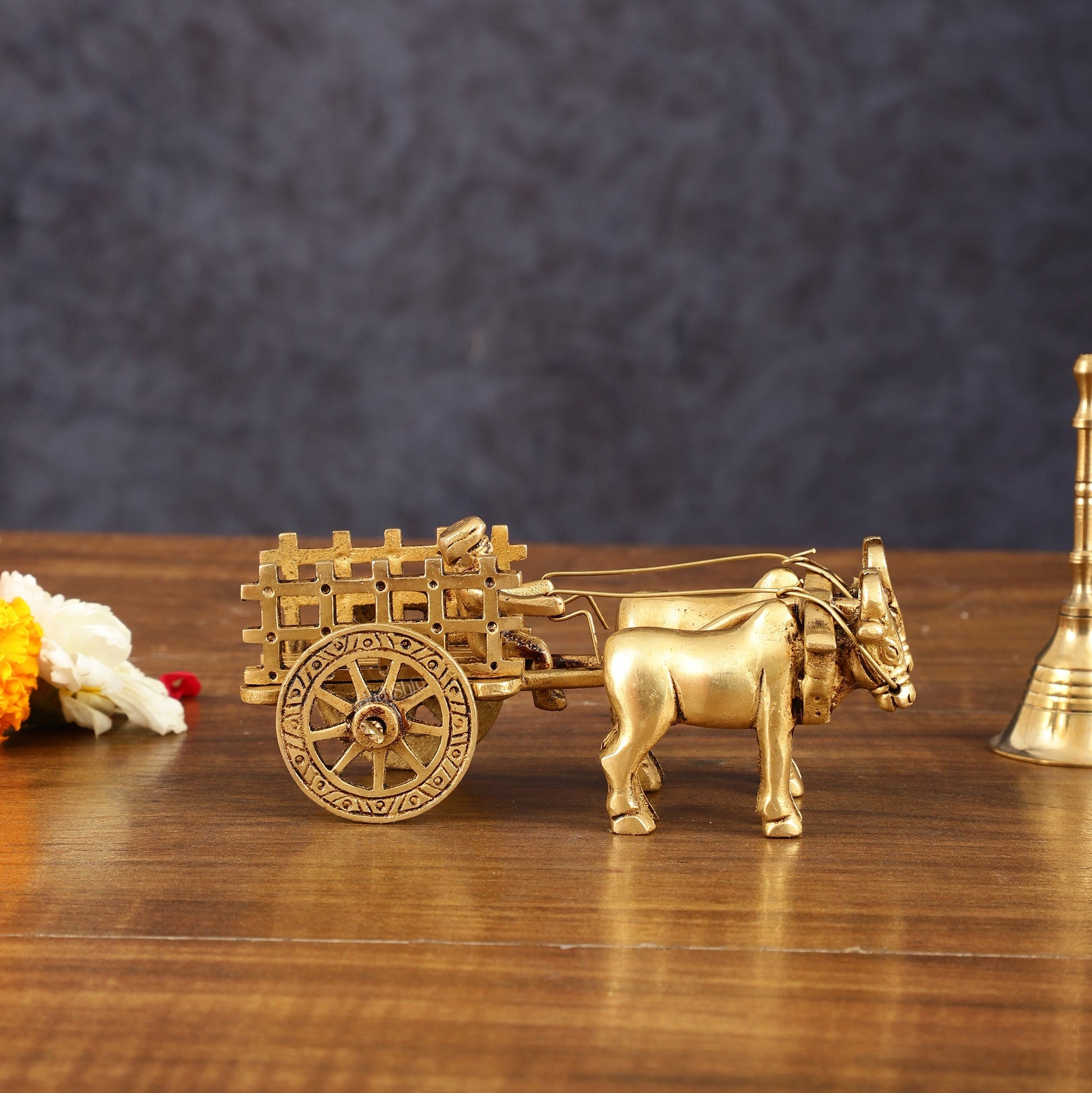 Pure Brass Bullock Cart Showpiece with Indian villager - 2" Height