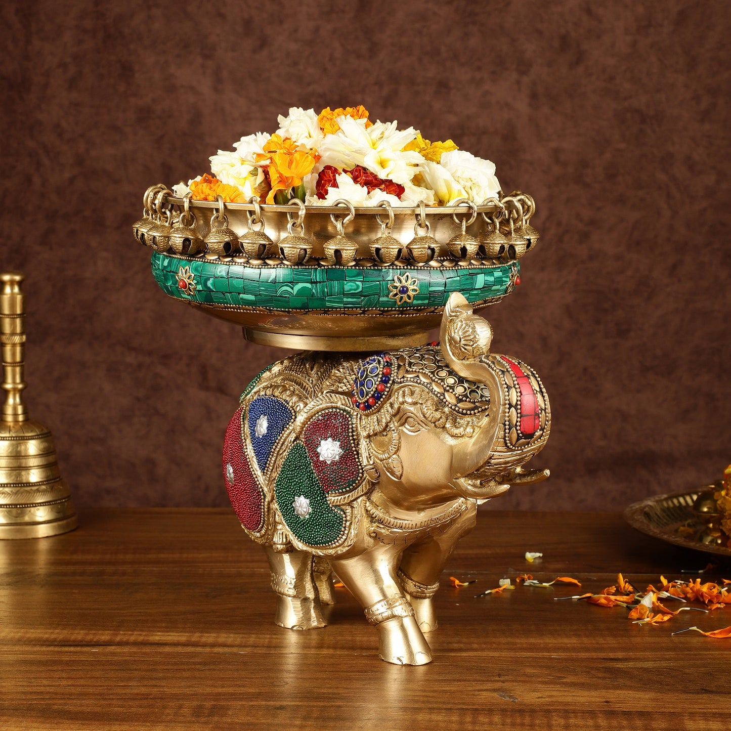 Pure Brass Large Elephant Urli with Meenakari Work | Height: 9.5 inch