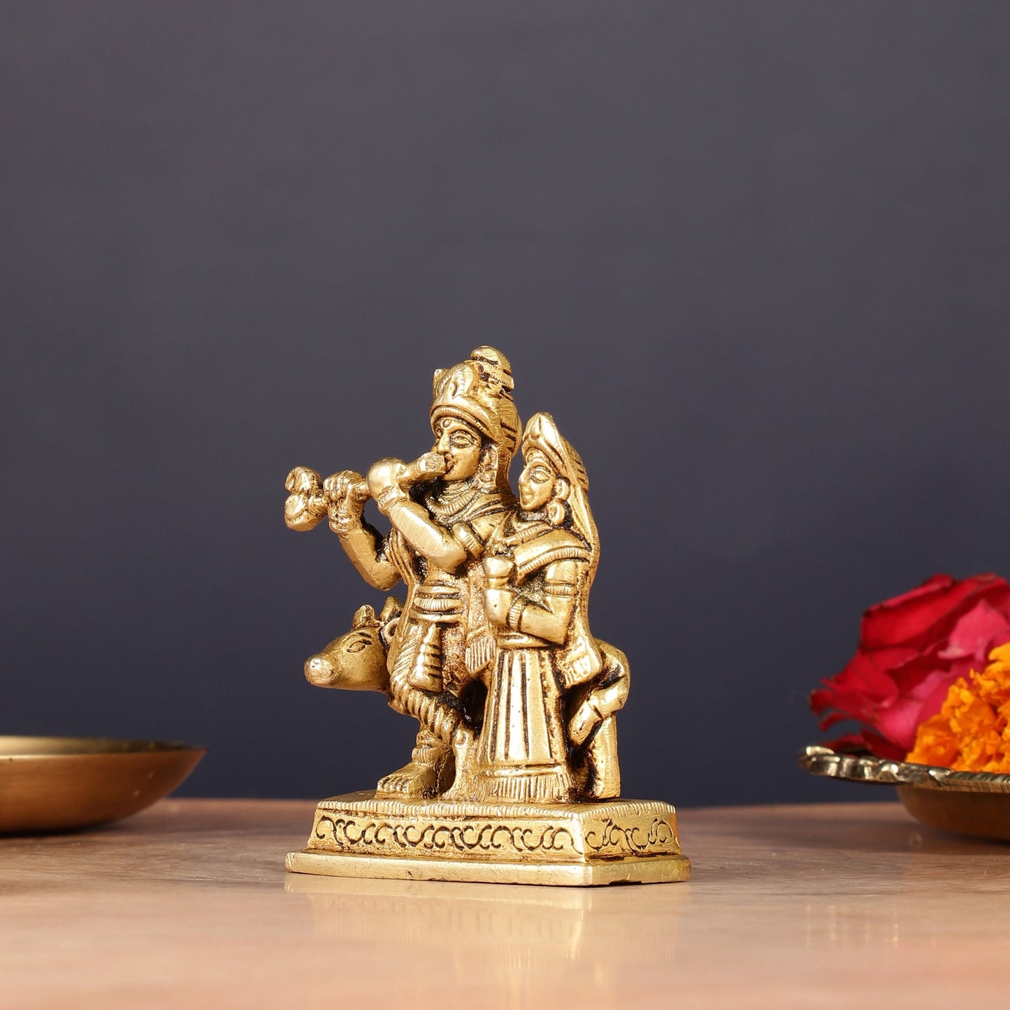 Exquisite 3-inch Brass Radha Krishna with Cow Idol