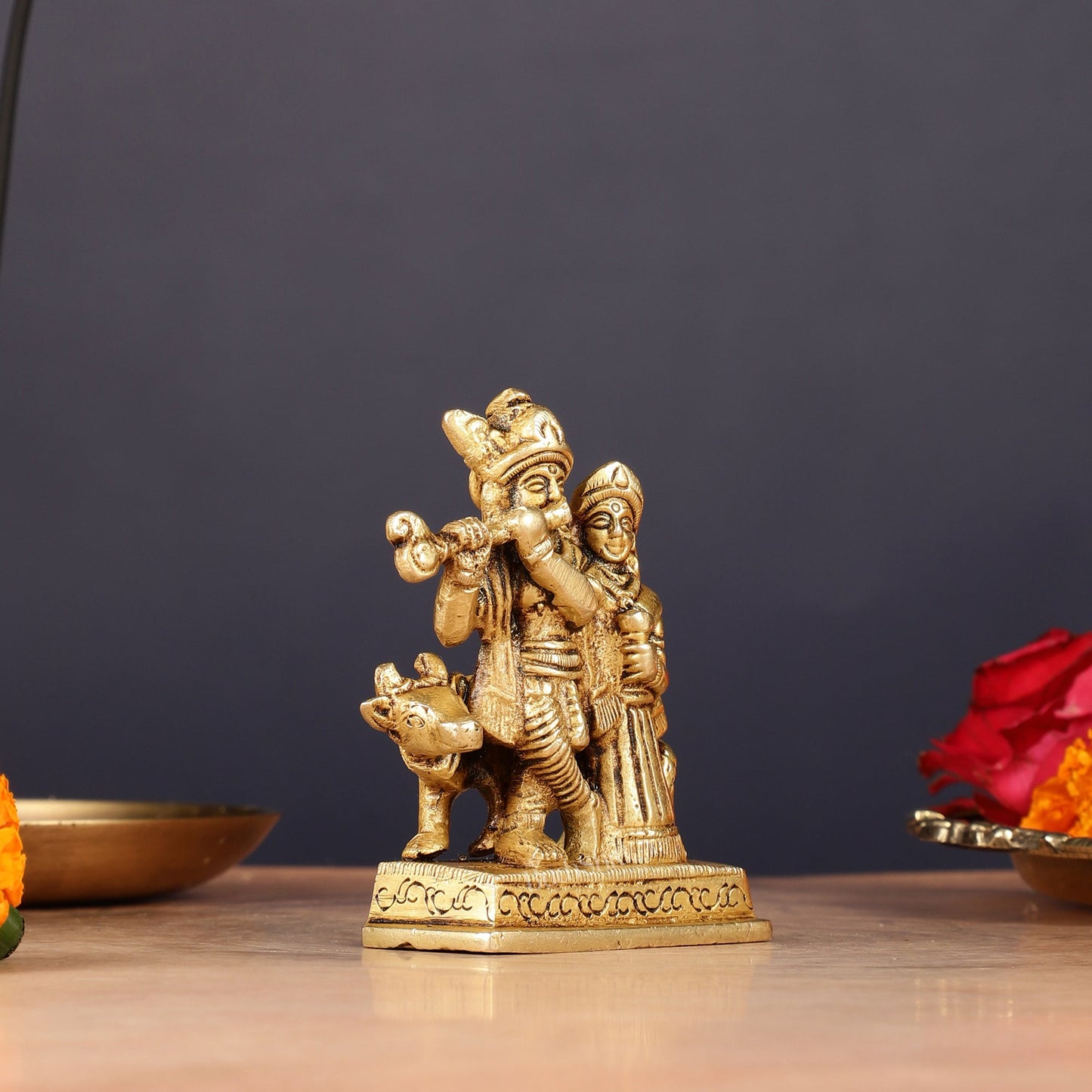 Exquisite 3-inch Brass Radha Krishna with Cow Idol