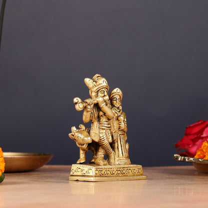 Exquisite 3-inch Brass Radha Krishna with Cow Idol