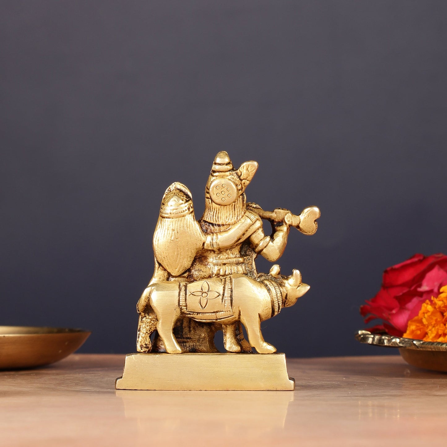 Exquisite 3-inch Brass Radha Krishna with Cow Idol