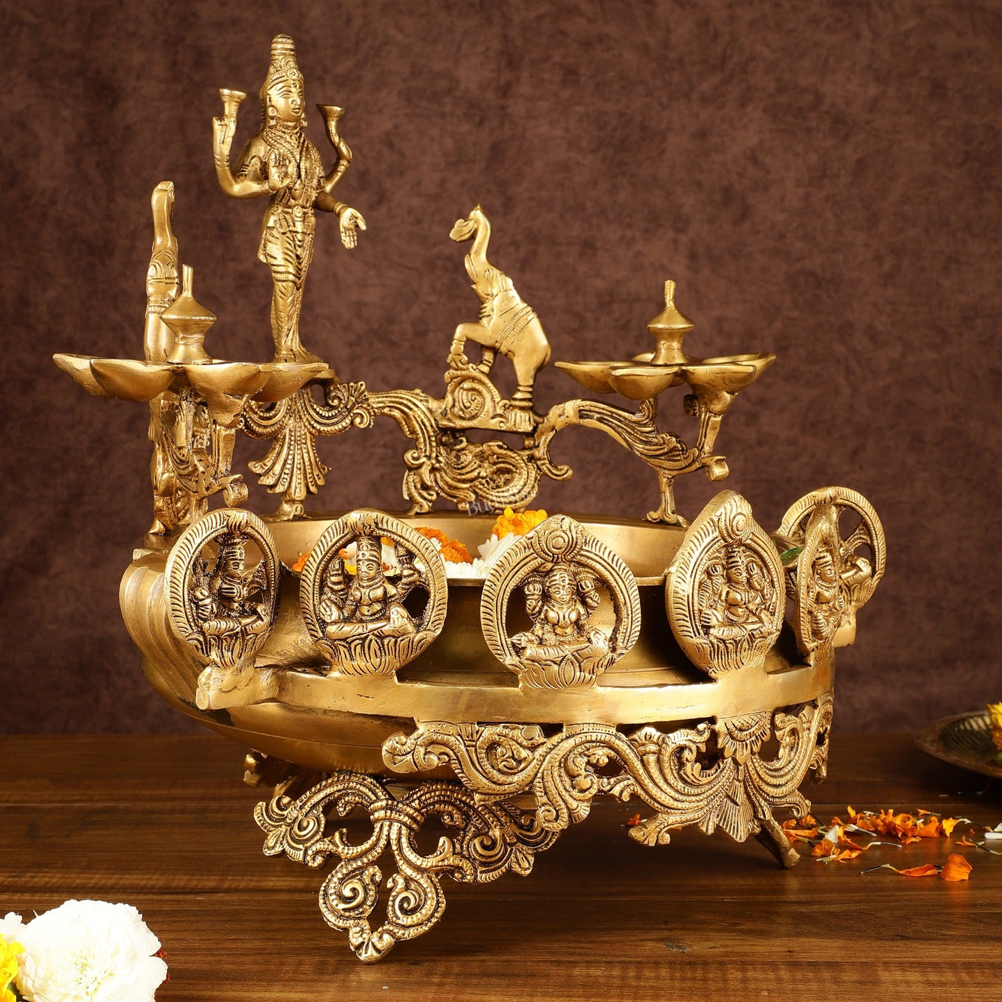 Handcrafted Ashtalakshmi Brass Urli with Diyas | Height: 16 Inch