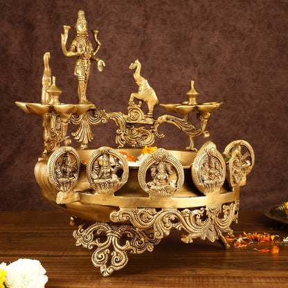 Handcrafted Ashtalakshmi Brass Urli with Diyas | Height: 16 Inch
