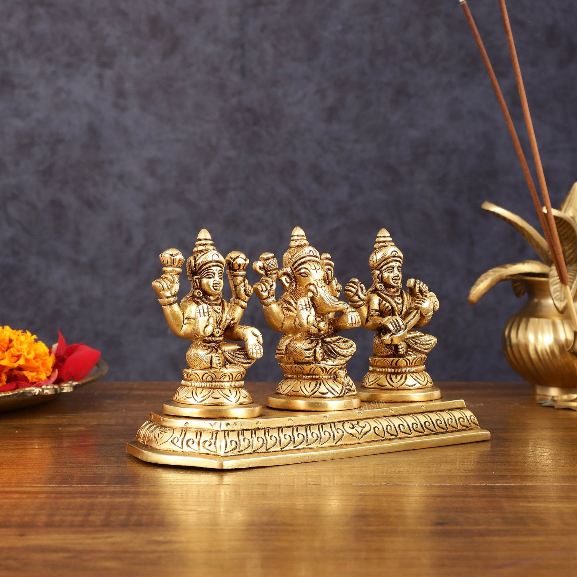 Pure Brass Superfine Ganesh Lakshmi Saraswati Idol - 4" Height