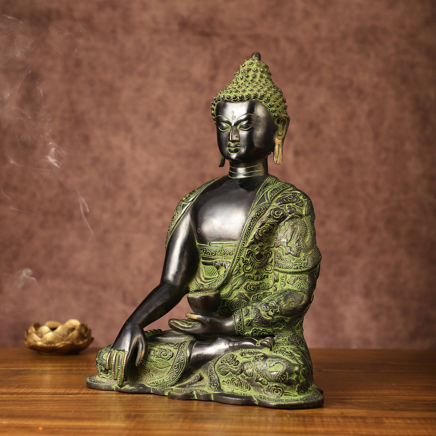 Pure Brass Buddha in Bhoomisparsha Nirvana Mudra with Dragon Carvings | 14 inch