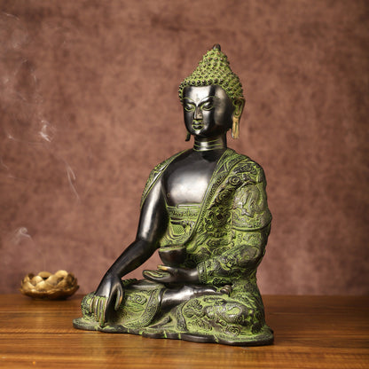 Pure Brass Buddha in Bhoomisparsha Nirvana Mudra with Dragon Carvings | 14 inch