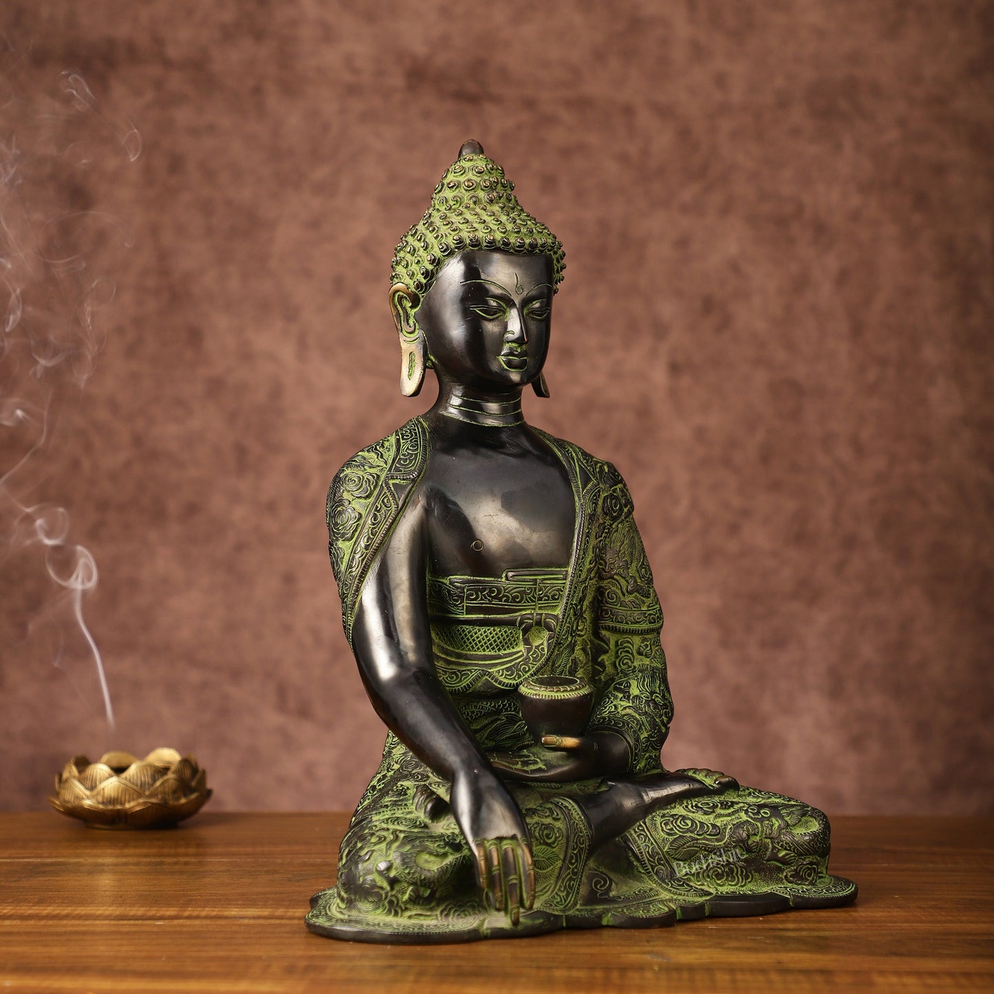 Pure Brass Buddha in Bhoomisparsha Nirvana Mudra with Dragon Carvings | 14 inch