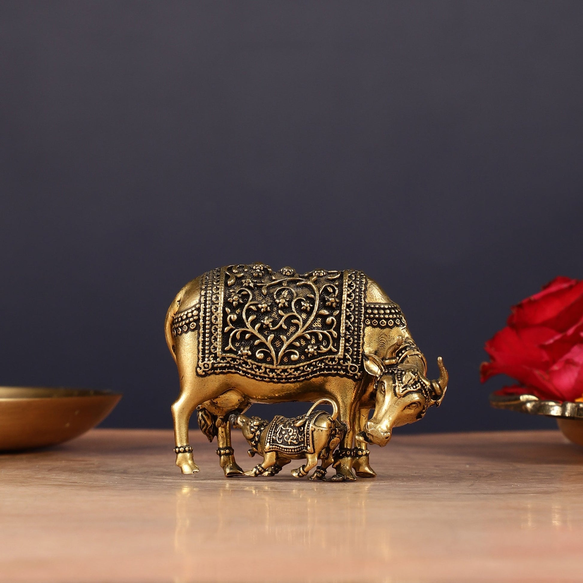 Brass Superfine Miniature Kamdhenu Cow with Calf - 2.5"