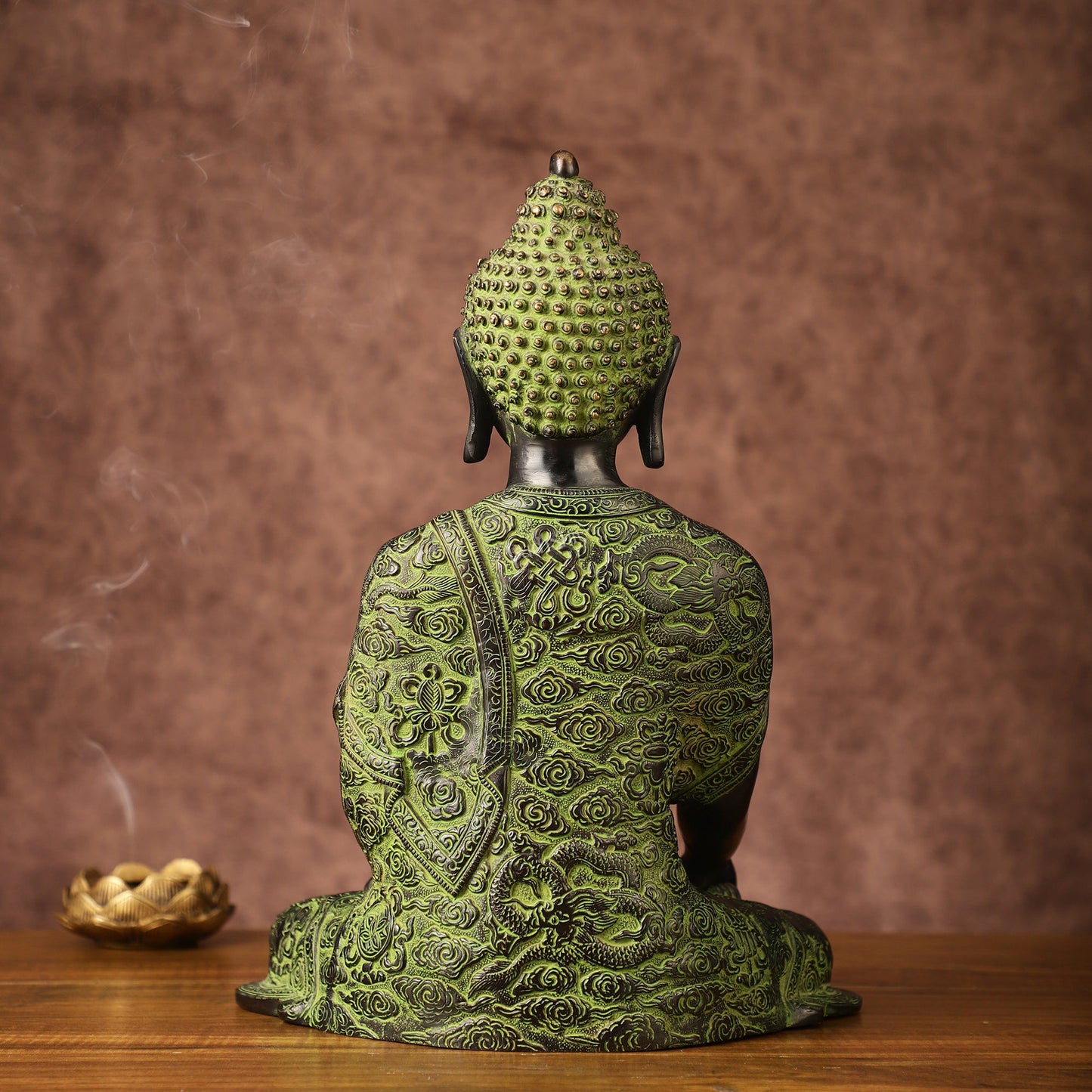 Pure Brass Buddha in Bhoomisparsha Nirvana Mudra with Dragon Carvings | 14 inch