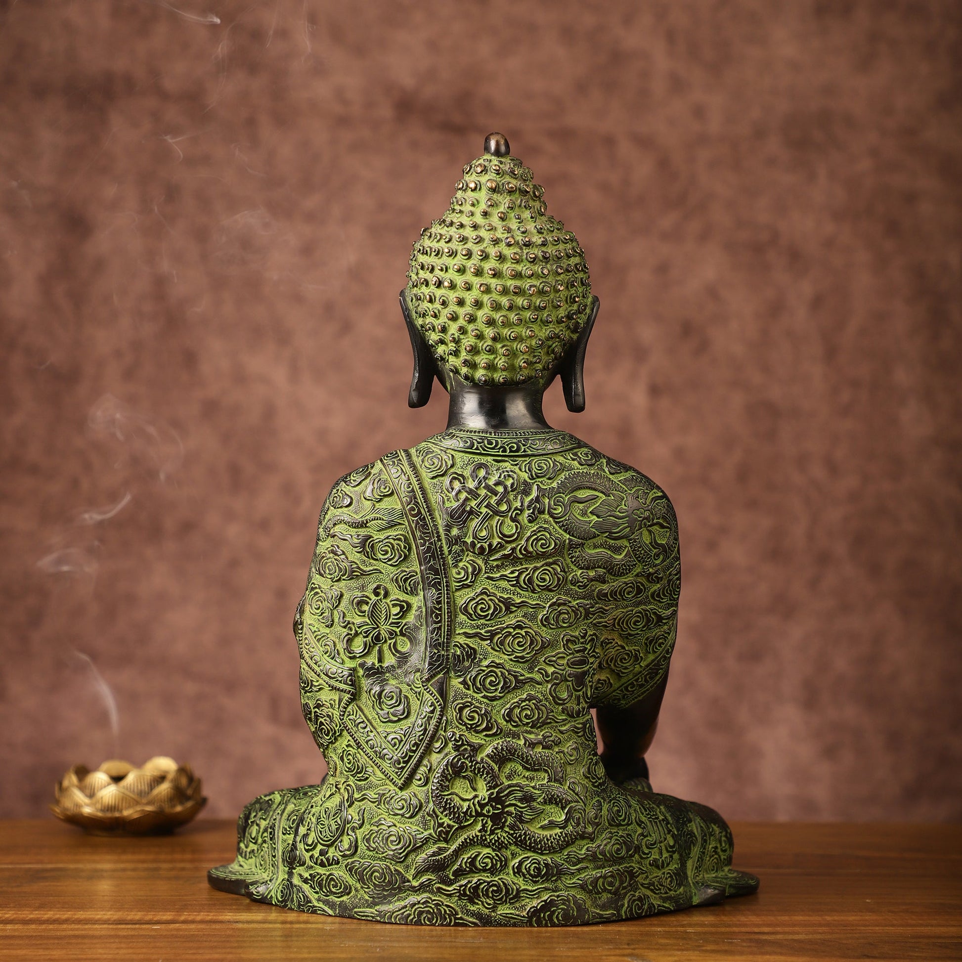 Pure Brass Buddha in Bhoomisparsha Nirvana Mudra with Dragon Carvings | 14 inch