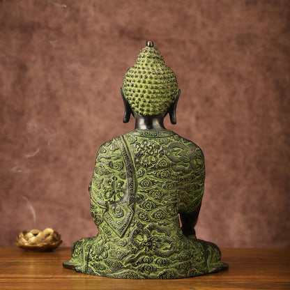 Pure Brass Buddha in Bhoomisparsha Nirvana Mudra with Dragon Carvings | 14 inch