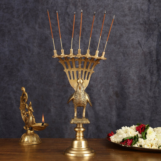 Pure Brass Peacock Agarbatti Incense Holder - 12 Inch