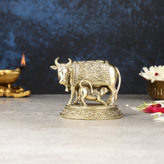 Intricate Brass Small Kamdhenu Cow with Calf Idol - 3-inch