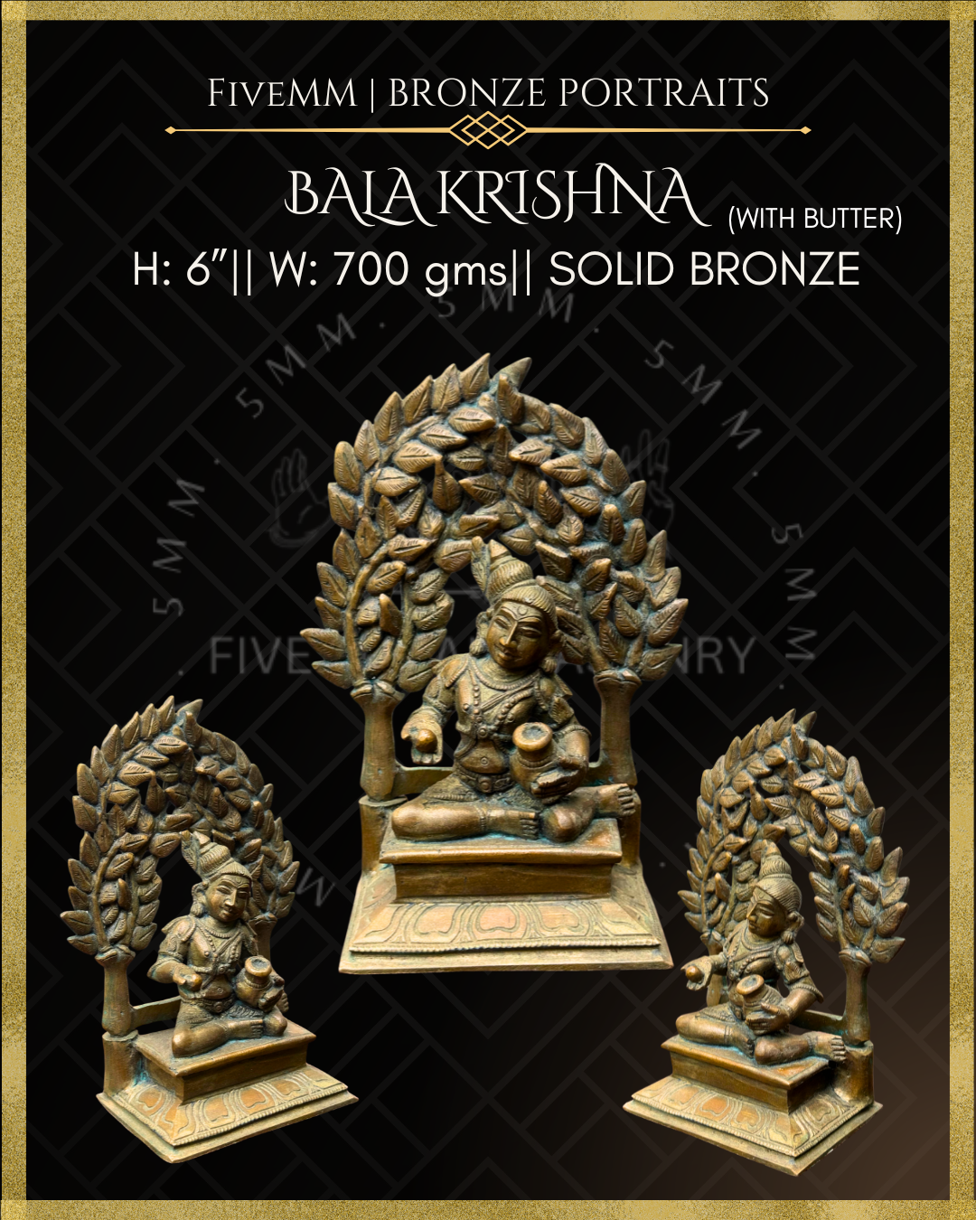 Bala Krishna with butter Panchaloha Bronze Icon - 6" with arch