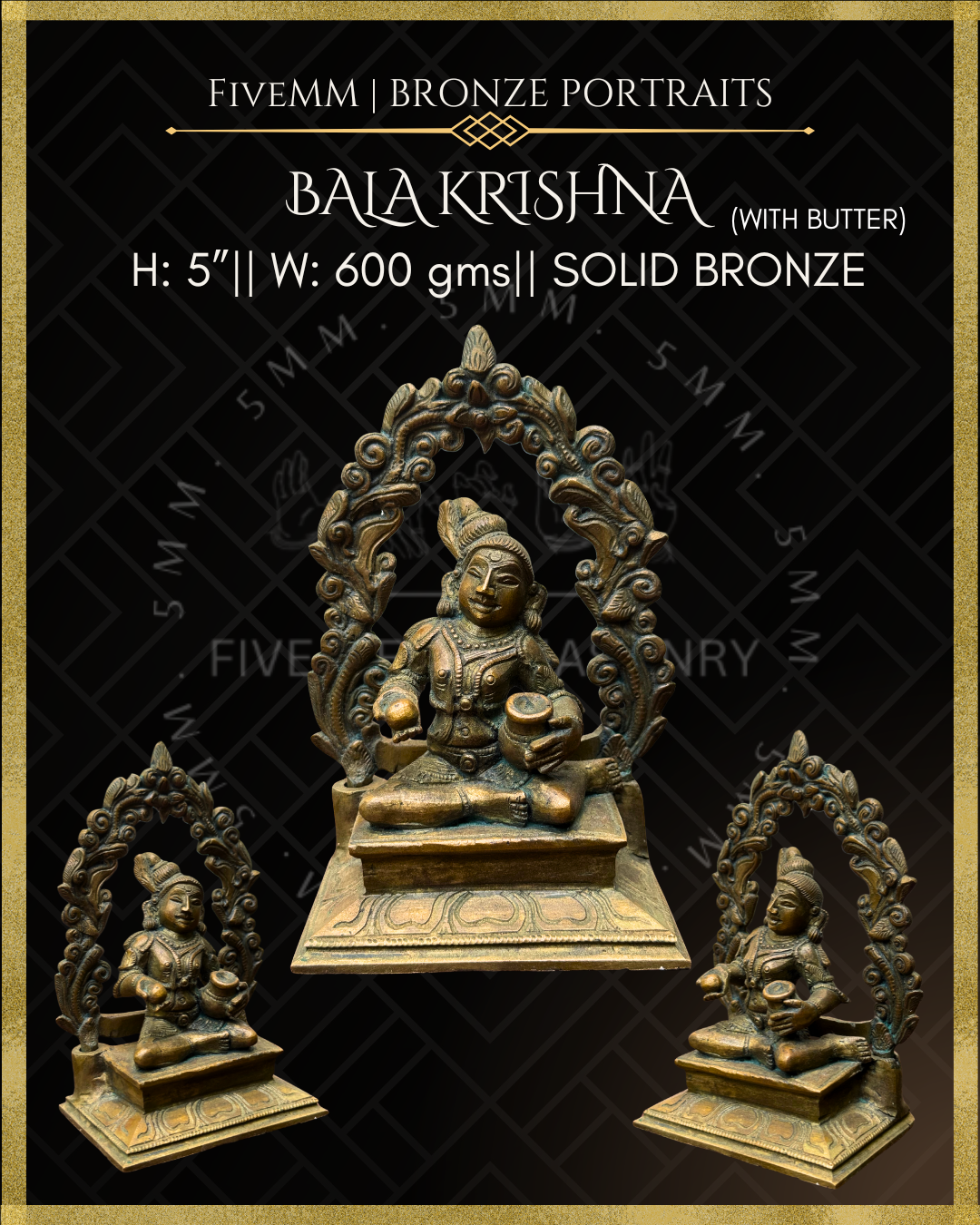 Bala Krishna with butter Panchaloha Bronze Icon - 5" with arch