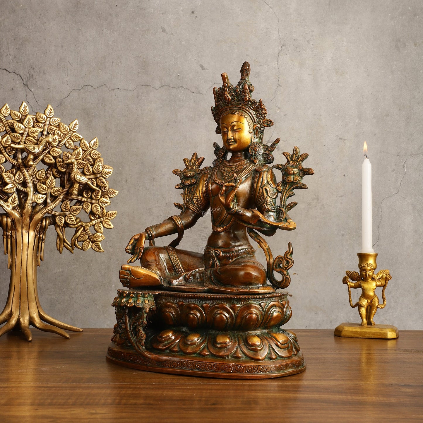 Pure Brass Green Tara Devi Statue - Nepali Orange Finish, 13" Height