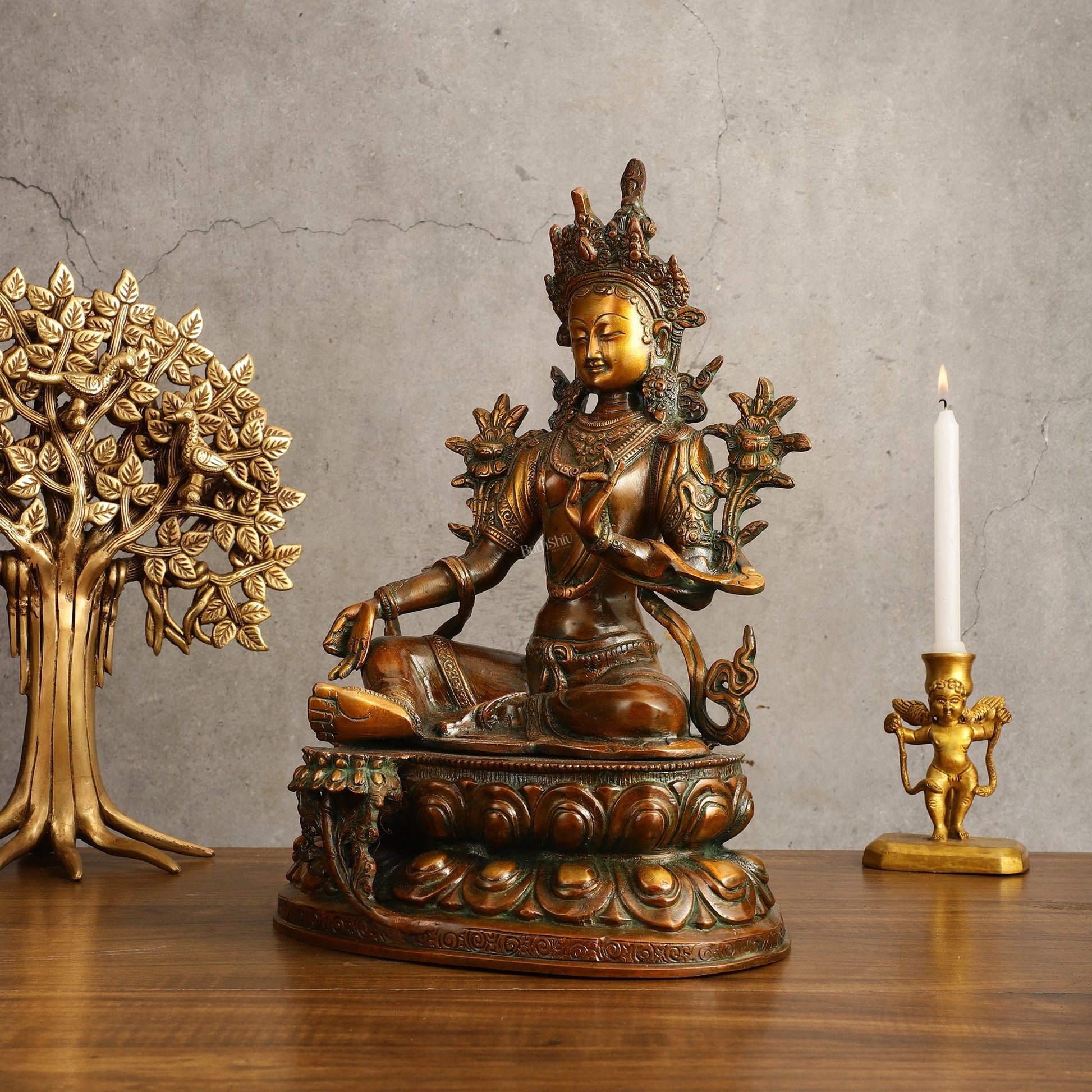 Pure Brass Green Tara Devi Statue - Nepali Orange Finish, 13" Height