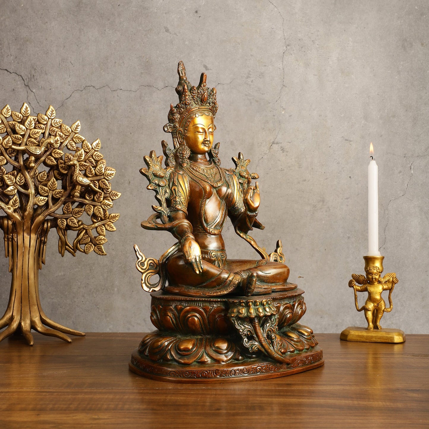 Pure Brass Green Tara Devi Statue - Nepali Orange Finish, 13" Height